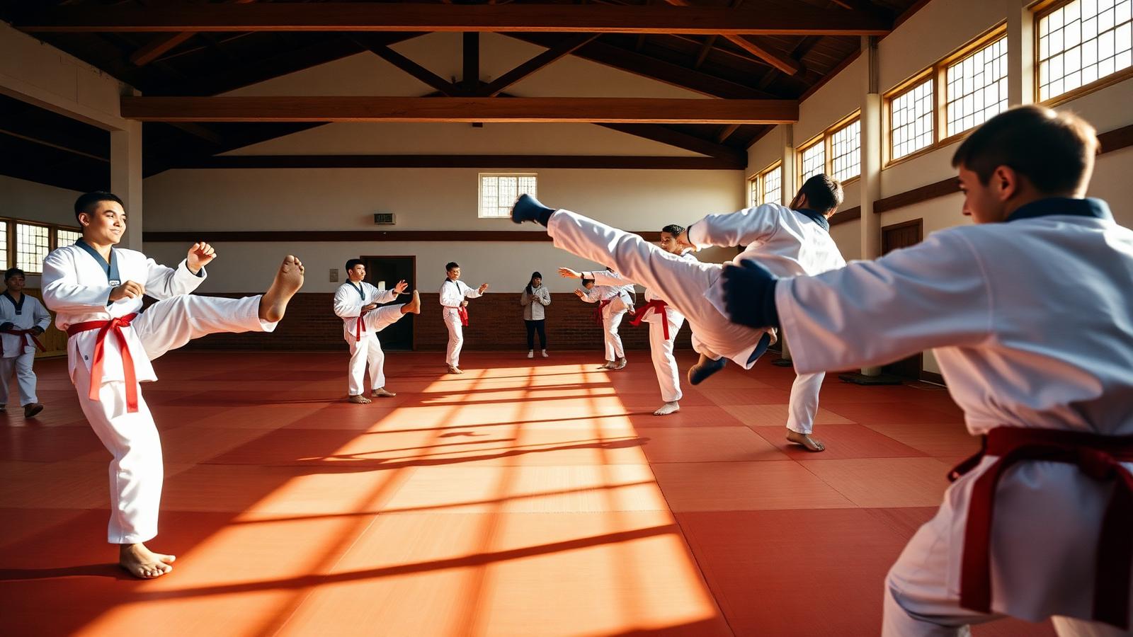 Alumnos entrenando Taekwondo en el dojang